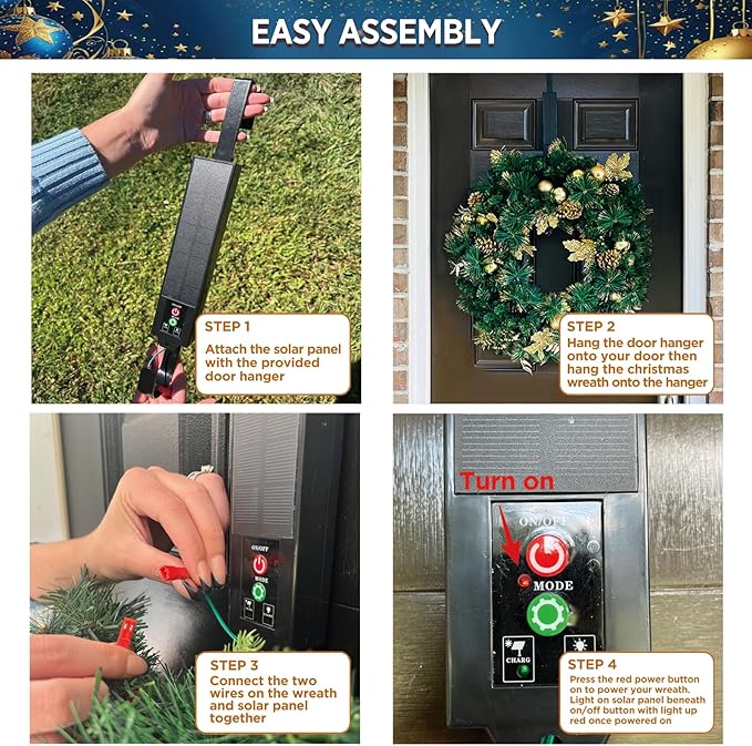 Solar Christmas Wreath 30 Inches Pre-Lit Solar 70 Led Artificial Wreath For Front Door Window Outdoor Christmas Decor with Poinsettias Golden Glitter Pine Branches Christmas balls(3003)