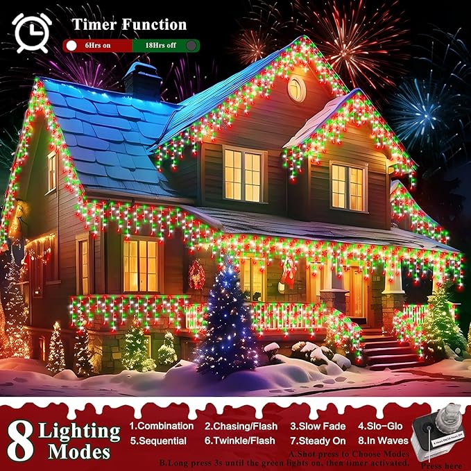 XURISEN 66ft Christmas Lights Decorations Outdoor, 640 LED 8 Modes Curtain Fairy Lights with 120 Drops,Plug in Waterproof Timer Memory Function for Christmas Holiday Wedding Party Decor