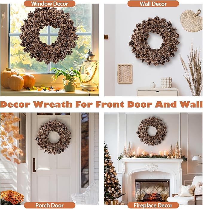 Fall Wreaths for Front Door 18 Inch Pine Cone Wreath for All Seasons, Fall Door Wreath for Home Decor, Farmhouse Wall Porch Window Door Decoration for Thanksgiving Christmas Celebration