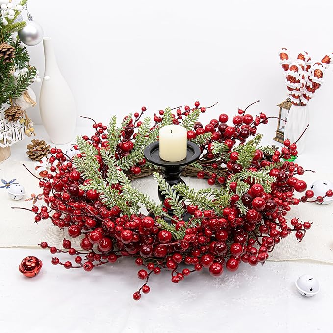 20 Inches Red Christmas Wreath Farmhouse Christmas Wreaths for Front Door Classic Winter Holiday Wreath with Red Berry Fir Pine Needle for Doors Window Indoors Porches Outside