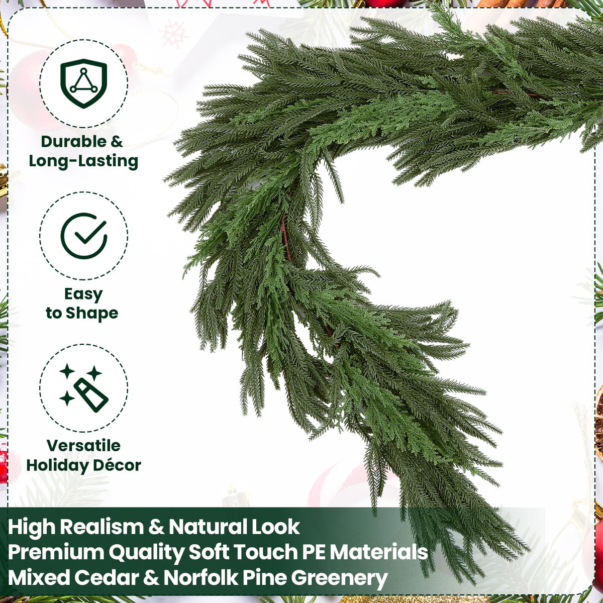 Syhood Christmas Norfolk Pine Garland with 24" Wreath 2 Real to Touch Teardrop Swags and Gold Metal Bells Set, Soft Realistic Artificial and Cedar Greenery for Indoor Outdoor Holiday Decor(Red,6ft)