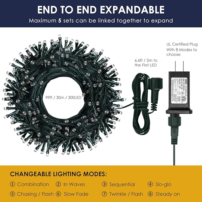 Bright Christmas Lights Outdoor 300 LED String Lights, 100ft Connectable 8 Modes Christmas String Lights Tree Lights for Home, Party, Holiday, Halloween Indoor Xmas Decorations Multicolor