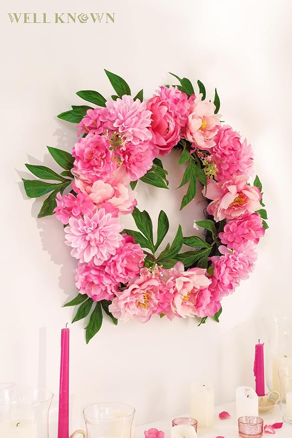 WELL KNOWN Silk Peony Wreaths for Front Door, Artificial Flower Wreath for Seasonal Decor, Indoor Wall Window for Home Decor, Shops Farmhouse Wedding Party Thanksgiving Christmas (Pink)