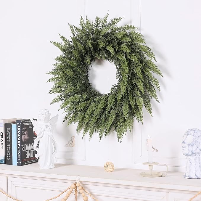 24" Real Touch Artificial Cedar Wreath - Faux Christmas Wreaths for Front Door,Faux Pine Green Wreath for Home, Holiday, Fireplace, Mantle,Wall, Windows, Xmas, Outdoor Decoration