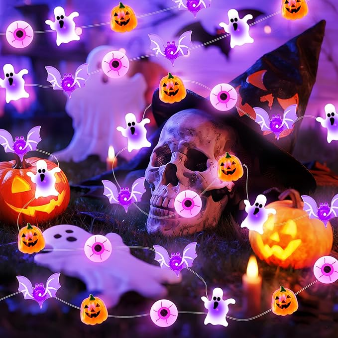 Halloween String Lights, 16 ft 50 LED Pumpkin Bat Eyes Ghost Battery Operated Lights for Lawns Garden Outdoor Holiday Party Halloween Decorations (1 Pack)