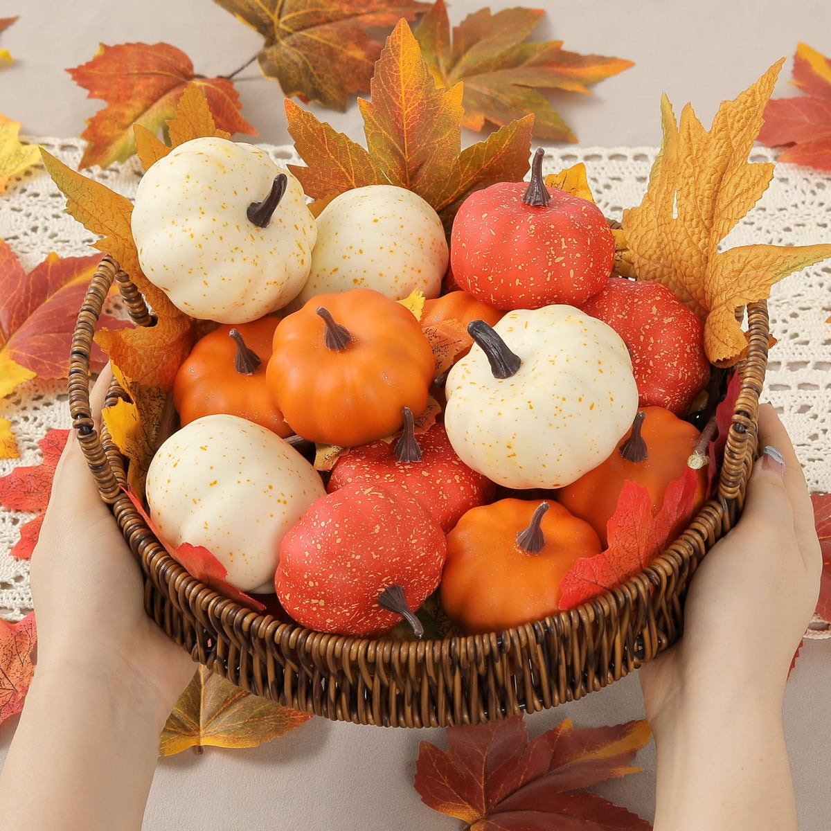 CHEAWRTZ 16PCS Realistic Mini Pumpkin Decor,Fall Decor with Pumpkins Maple Leaves, Artificial Pumpkin Decor for Autumn Filler, Realistic Pumpkin Decorations for Halloween Thanksgiving Fall Home Decor
