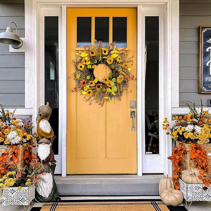 Fall Wreaths for Front Door 20 Inch Rustic Artificial Wreath Sunflower Maple Leaf Rice Ears Autumn Decoration for Halloween Thanksgiving Christmas
