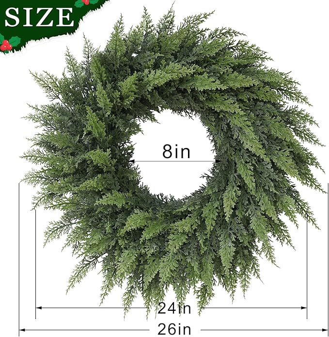24" Real Touch Artificial Cedar Wreath - Faux Christmas Wreaths for Front Door,Faux Pine Green Wreath for Home, Holiday, Fireplace, Mantle,Wall, Windows, Xmas, Outdoor Decoration