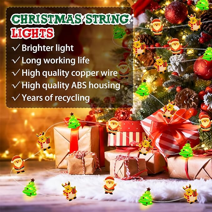pozzolanas Christmas Fairy Lights, LED Christmas Tree Santa Claus Snowman Moose Lights Decoration, Waterproof Battery Powered Indoor Outdoor Decoration String Lights - 1Pack