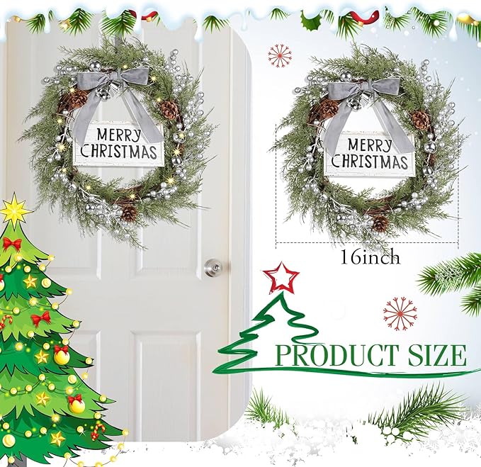 Lighted Christmas Artificial Cedar Wreath for Front Door with Hanger Christmas Wreaths Faux Norfolk with Velvet Bow LED Lights Jingle Bells Pinecone Berries Indoor Window Xmas Holiday Decor(Silver)