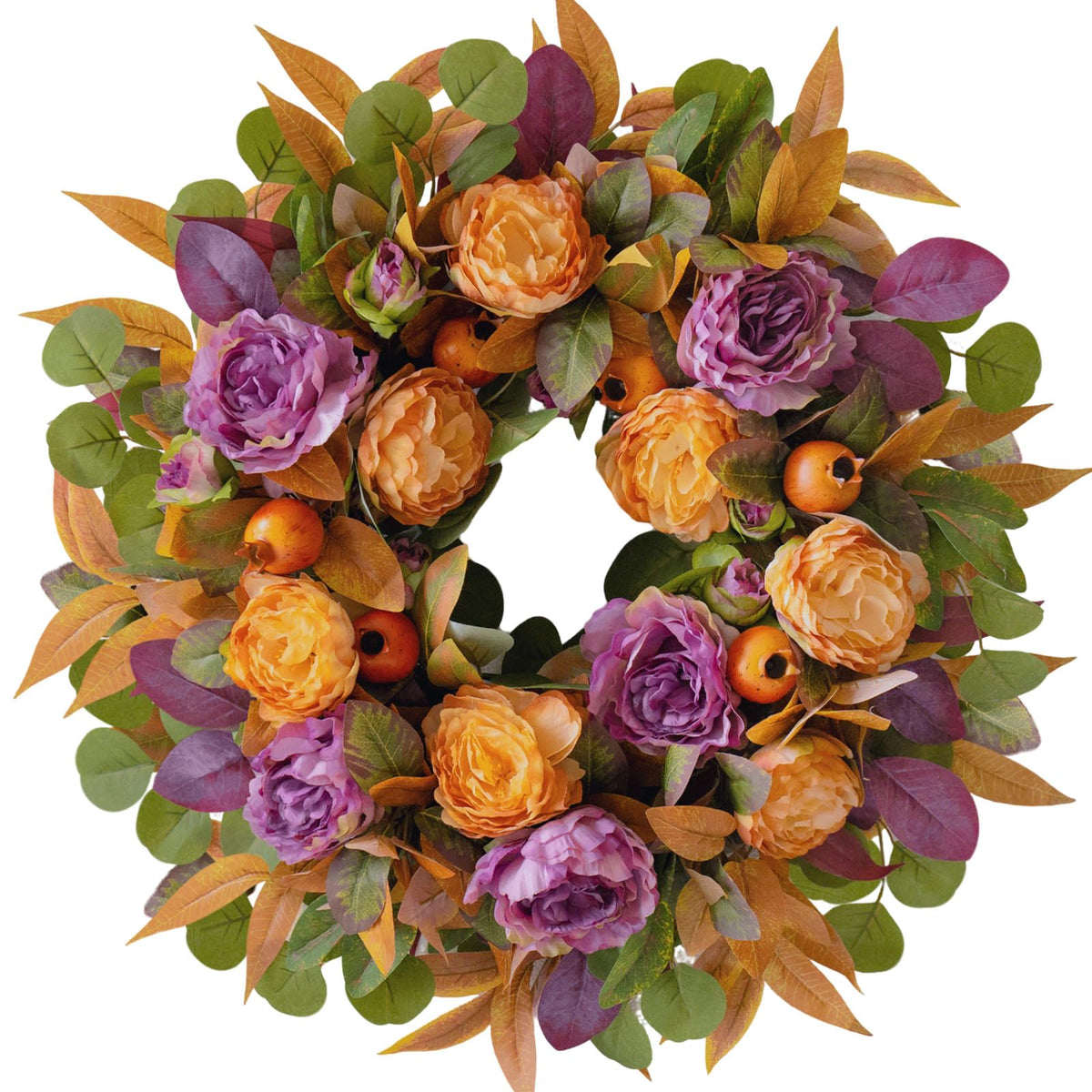 24 Inch Fall Wreath for Front Door - Autumn Wreath with Peony, Maple Leaves, Berries - Farmhouse Thanksgiving Halloween Decor for Porch, Front Door, Indoors & Outdoors - Rustic Harvest Home Decor