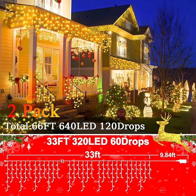 SAUIRS 2Pack 320 LED Christmas Lights Outdoor Decorations with 120 Drops Timer 8Mode 66FT Curtaing Lights Waterproof Plug in Fairy Lights for Indoor,Xmas,Party,Patio,Window,Trees Decor(Warm White)