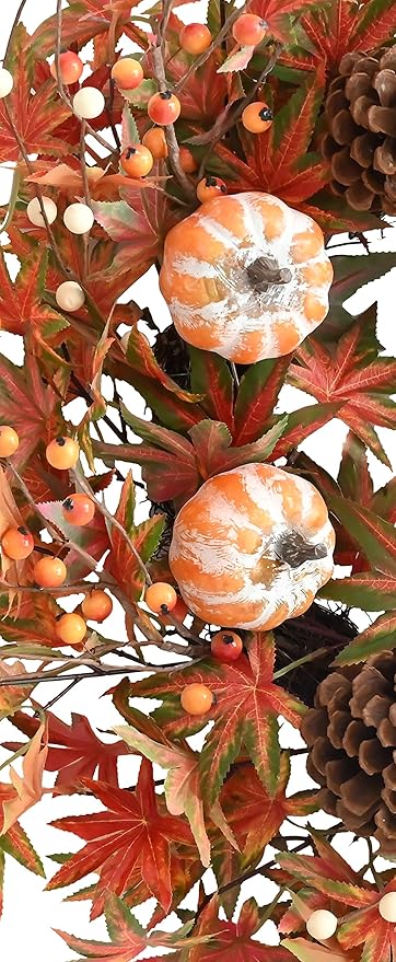 Fall Wreath for Front Door Fall Pumpkins Pinecone Wreaths 24 Inch Berry Artificial Maples Leaves Wreath for Halloween Thanksgivings Christmas Decoration Indoor Outdoor Window Hanging Decor