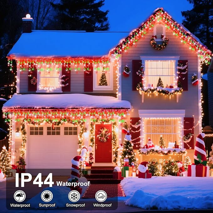 XURISEN 66ft Christmas Lights Decorations Outdoor, 640 LED 8 Modes Curtain Fairy Lights with 120 Drops,Plug in Waterproof Timer Memory Function for Christmas Holiday Wedding Party Decor
