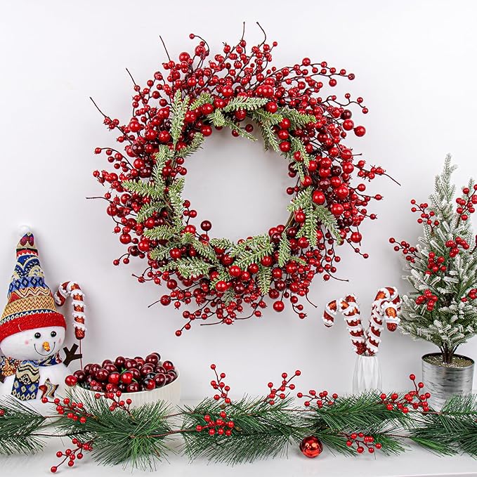 20 Inches Red Christmas Wreath Farmhouse Christmas Wreaths for Front Door Classic Winter Holiday Wreath with Red Berry Fir Pine Needle for Doors Window Indoors Porches Outside