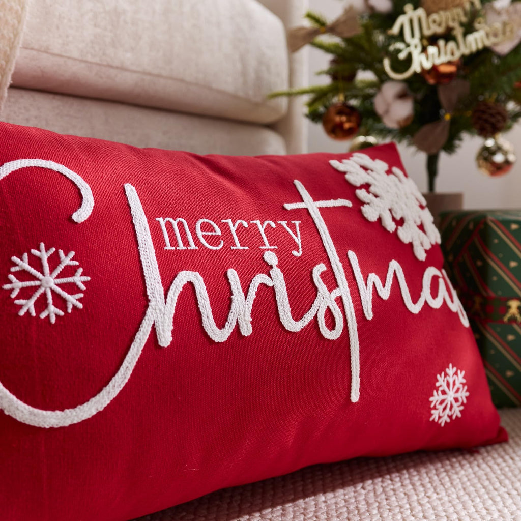 yeshttdy Merry Christmas Pillow Covers 12x20 Inch Embroidery Snowflake Xmas Decorative Lumbar Throw Pillow Cover Winter Holiday Pillow Case Cushion Cases for Sofa Couch Living Room Decorations Red