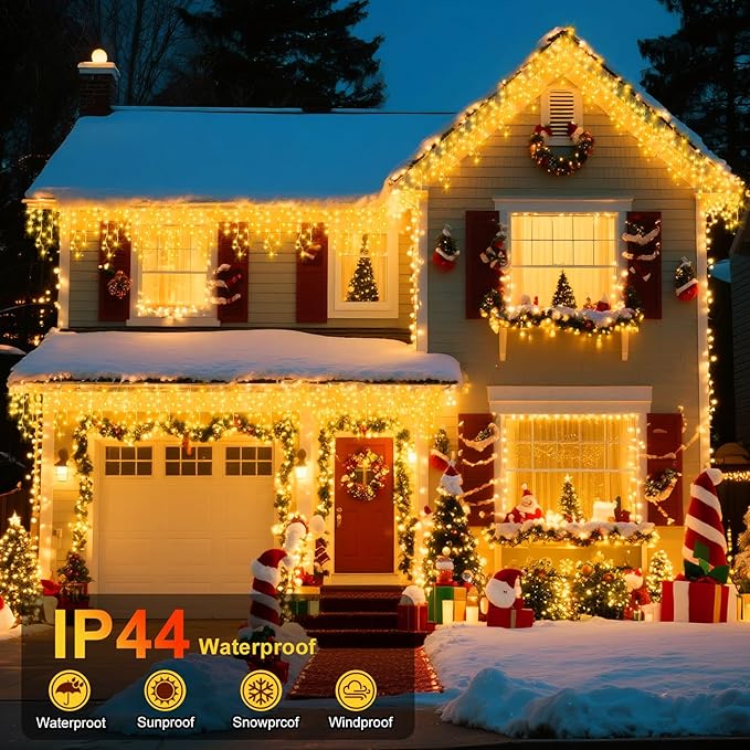 XURISEN 66ft Christmas Lights Decorations Outdoor, 640 LED 8 Modes Curtain Fairy Lights with 120 Drops,Plug in Waterproof Timer Memory Function for Christmas Holiday Wedding Party Decor(Warm White)
