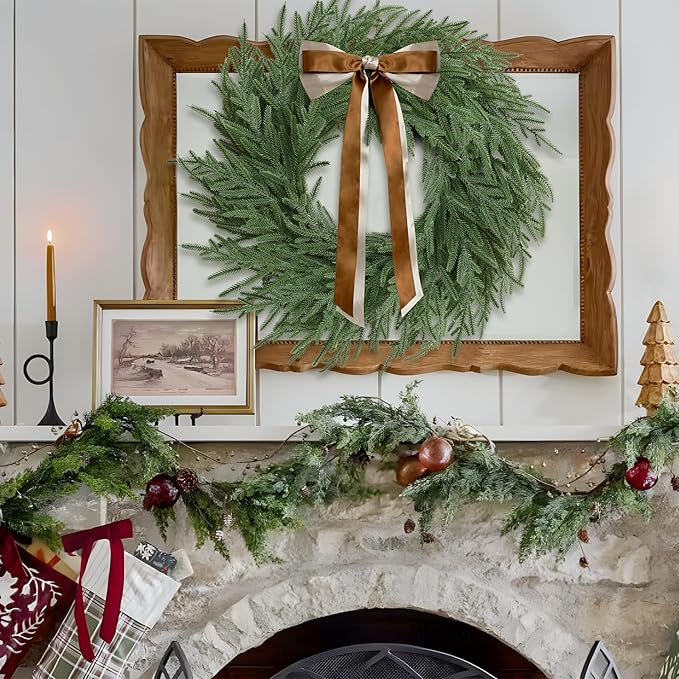 Christmas Decorations -24 Inch Christmas Wreath, Norfolk Pine Wreath, Christmas Wreaths for Front Door, Christmas Door Wreath with Bow Ribbon for Home Table Wall Window Indoor Outdoor