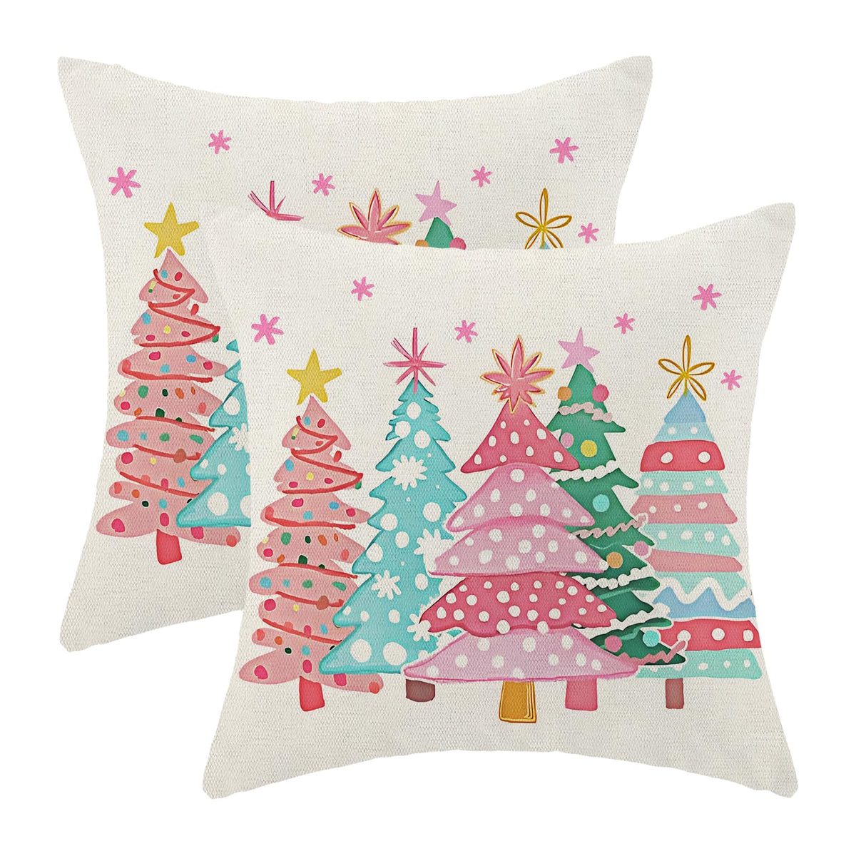 Pink Christmas Pillow Covers 18 x 18 Inch Set of 2 Colorful Christmas Tree Throw Pillows Outdoor Decorative Pink Blue Green Xmas Tree Winter Pillowcases Linen Cushion Cases for Home Bed Sofa Couch