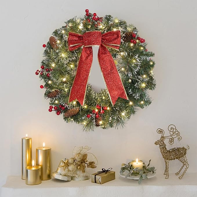 DiliComing 16-Inch Pre-Lit Winter Wreath - Large Christmas Door Wreath, Front Door & Window Decorations