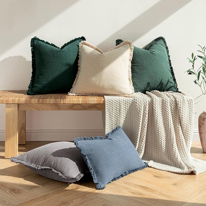 MIULEE Christmas Decorative Throw Pillow Covers Neutral Linen Fringe Throw Pillows Euro Shams Set of 2 Army Green Boho Farmhouse Cushion Covers for Couch Sofa Bed Living Room Home Decor 22x22 Inch