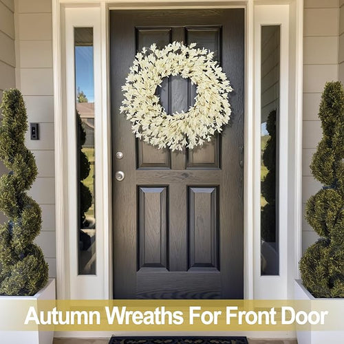 26 Inch Realistic Fall Wreaths for Front Door Outside Autumn Wreath Outdoor Indoors Fall Decorations for Home Thanksgiving Halloween Holiday Decorations Clearance for Wall Porch Door (Fall White)