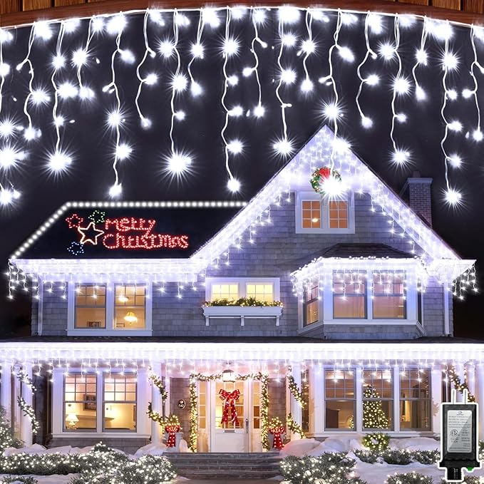 1296 LED 131FT Christmas Lights 288 Drops, Outdoor Hanging lights with 8 Modes & Timer, Plug in Curtain String Light Outdoor Waterproof for House Tree Holiday Wedding Party Outside Decor (Cool White)