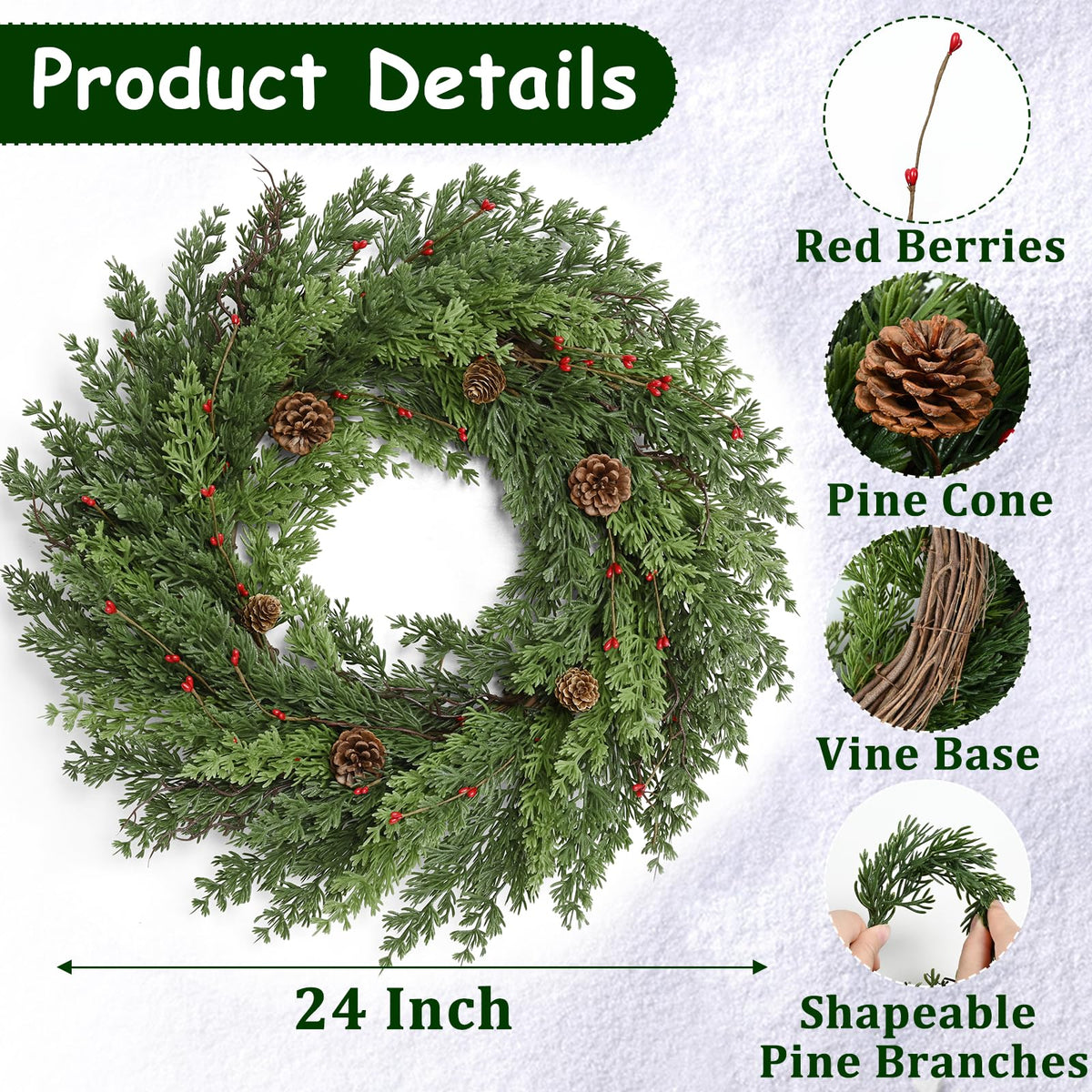 Waipfaru 24 Inch Christmas Wreaths for Front Door, Real Touch Cedar Wreath, Artificial Green Pine Reef for Front Door Windows Indoor Outdoor Holiday Xmas Decoration