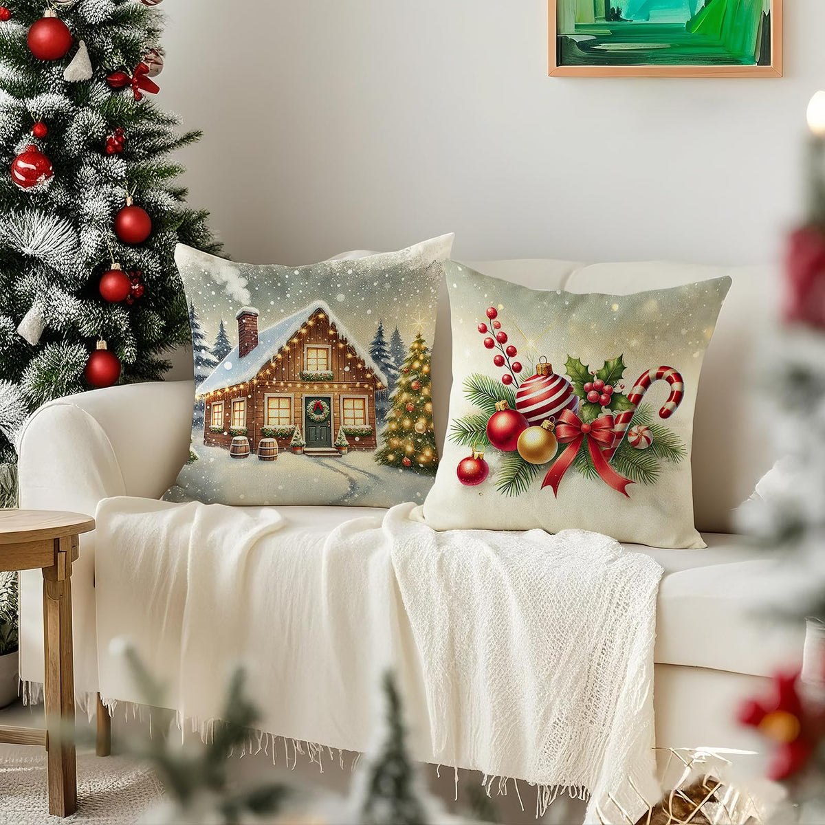 HDVUHKI Christmas Pillow Covers 16x16 inch Set of 4, Holiday Winter Outdoor Vintage Tree Snowflake Xmas Snowman Neutral Farmhouse Gold Seasonal Burlap Decorations for Sofa Couch