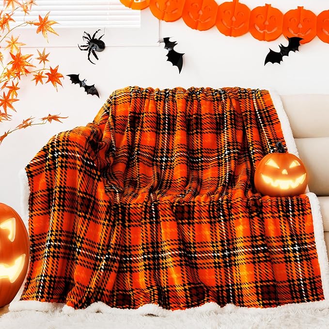Touchat Sherpa Halloween Plaid Throw Blanket(60" X 70", Plaid Orange), Fuzzy Fluffy Cozy Soft Blanket, Fleece Flannel Plush Twin Size Microfiber Blanket for Couch Bed Sofa