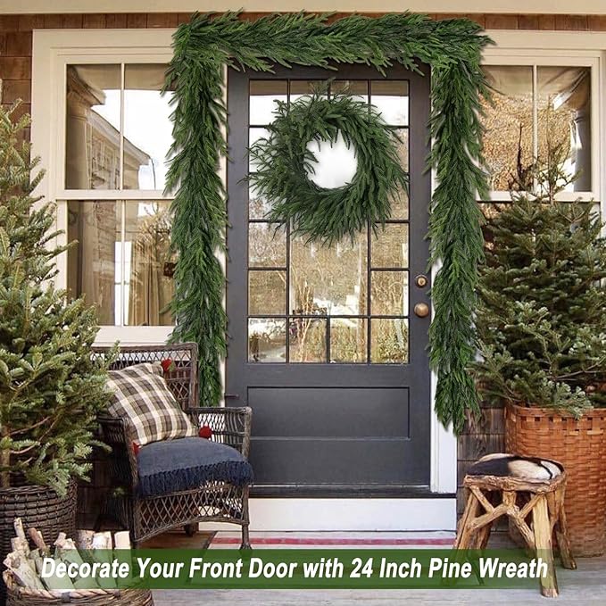 Artgar 24 Inch Christmas Pine Wreath Christmas Wreaths for Front Door, Real Touch Artificial Green Pine Wreath for Home Indoor Outdoor Wall Window Porch Farmhouse Winter Decor