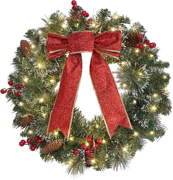DiliComing 16-Inch Pre-Lit Winter Wreath - Large Christmas Door Wreath, Front Door & Window Decorations