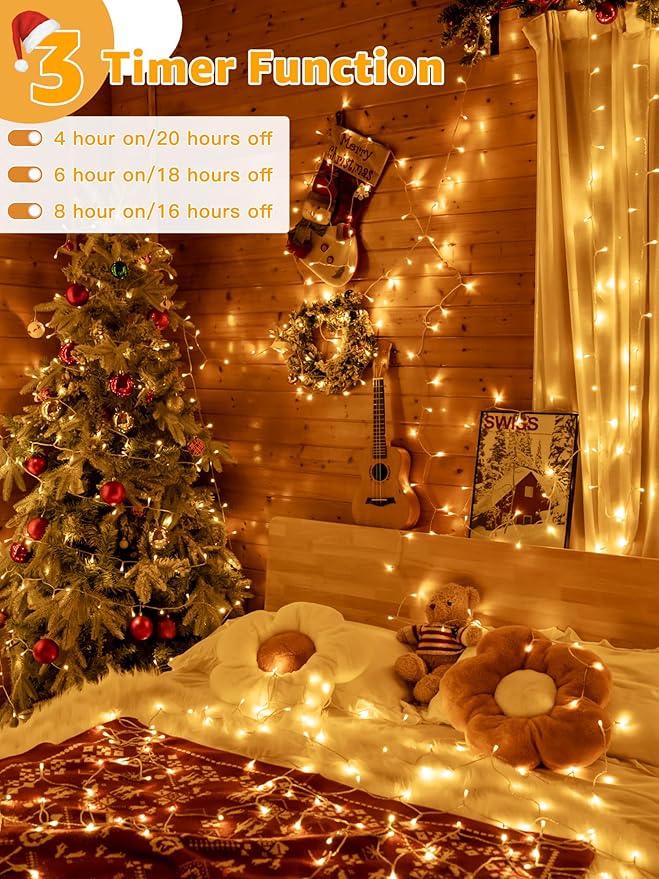 Christmas String Lights 600LED 98FT, Waterproof String Lights with Remote and Timer, 8 Modes Dimmable Christmas Lights for Indoor Outdoor Wedding Party Holiday Decorations (Warm White)
