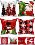 Double-Sided Print Christmas Pillow Covers 16''x16'', Set of 4, 8 Christmas Patterns Christmas Tree, Snowman, Snowflakes, Merry Christmas, Deer, Santa Claus,Truck, Let It Snow, Soft Linen Material