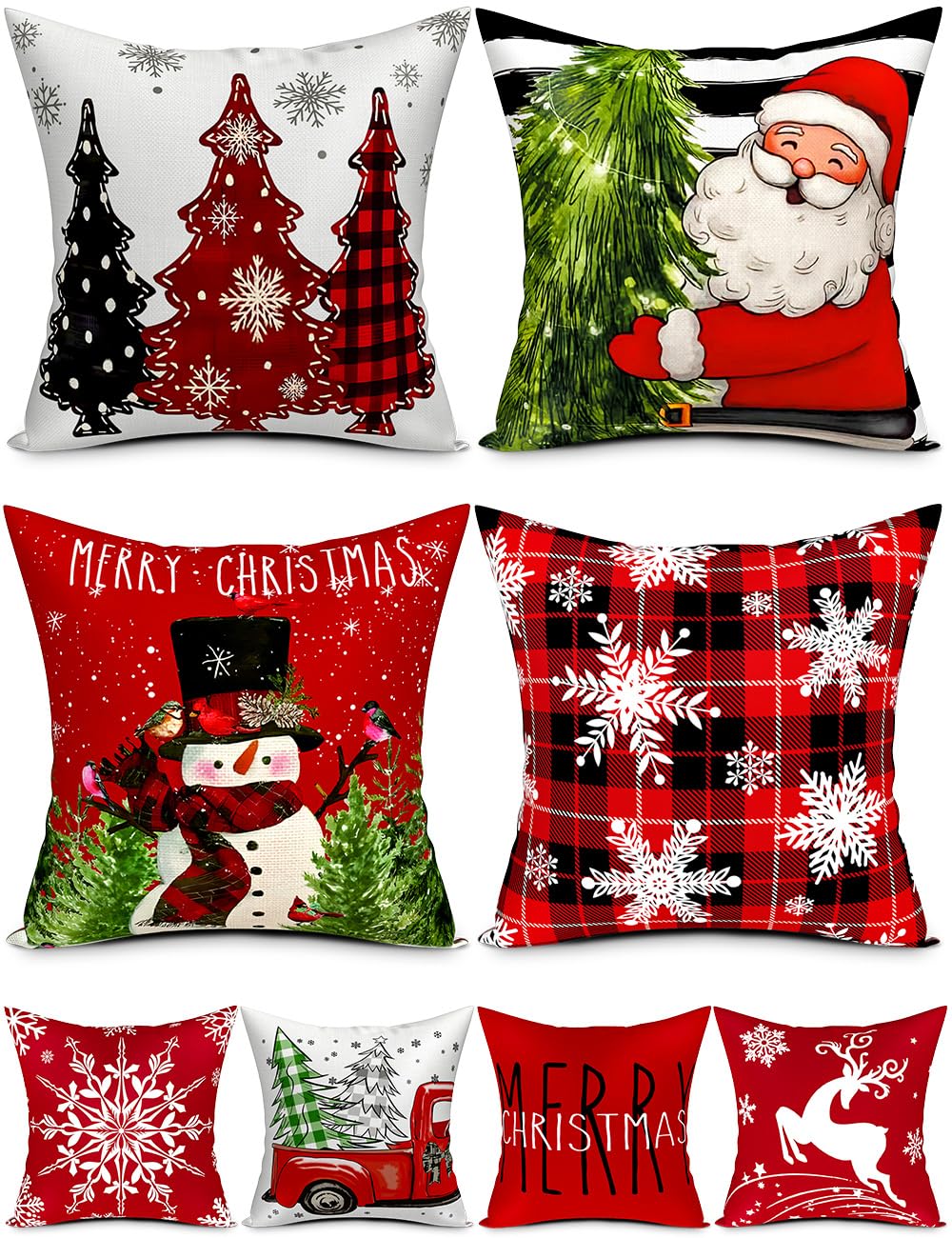 Double-Sided Print Christmas Pillow Covers 18''x18'', Set of 4, 8 Christmas Patterns Christmas Tree, Snowman, Snowflakes, Merry Christmas, Deer, Santa Claus,Truck, Let It Snow, Soft Linen Material