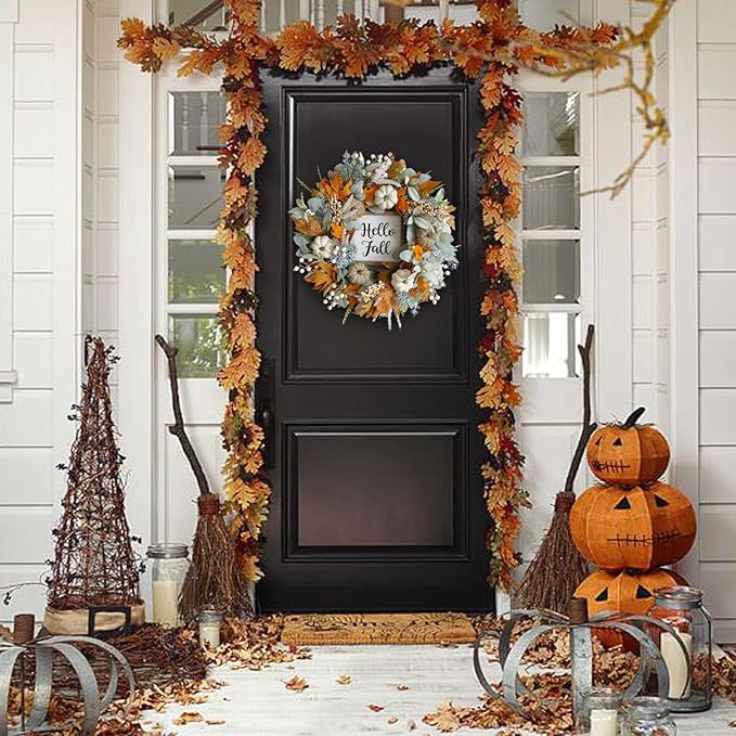 20inch Thanksgiving Fall Wreath, Eucalyptus Berries Pumpkins Lamb Ears Leaves Autumn Wreaths for Front Door, Fall Decor, Porch Wall, Home Outdoor Holiday Decorations Wreath for Autumn