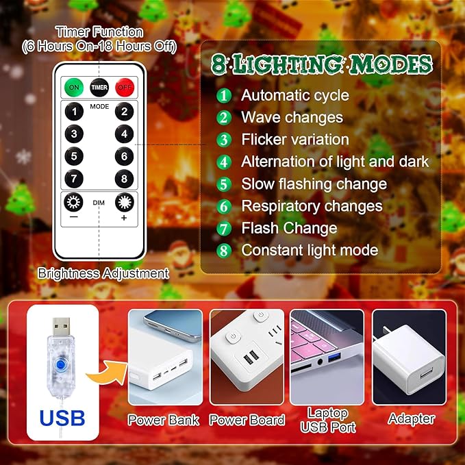 pozzolanas Christmas Fairy Lights, LED Christmas Tree Santa Claus Snowman Moose Lights Decoration, Waterproof Battery Powered Indoor Outdoor Decoration String Lights - 1Pack
