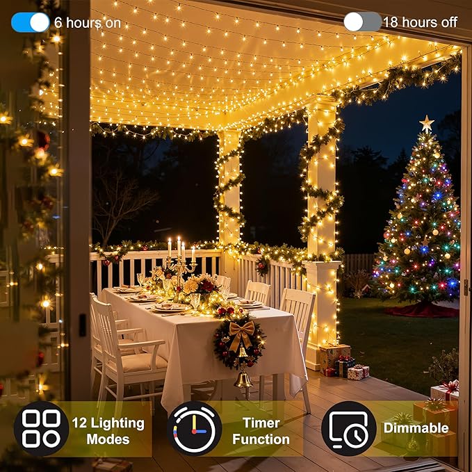 350LED Christmas Lights Indoor Outdoor, 90ft 12 Modes Warm White LED String Lights with Timer Dimmable, Waterproof Tree Lights for Xmas Patio Yard Fence Bedroom Wedding Garden Decor Warm White