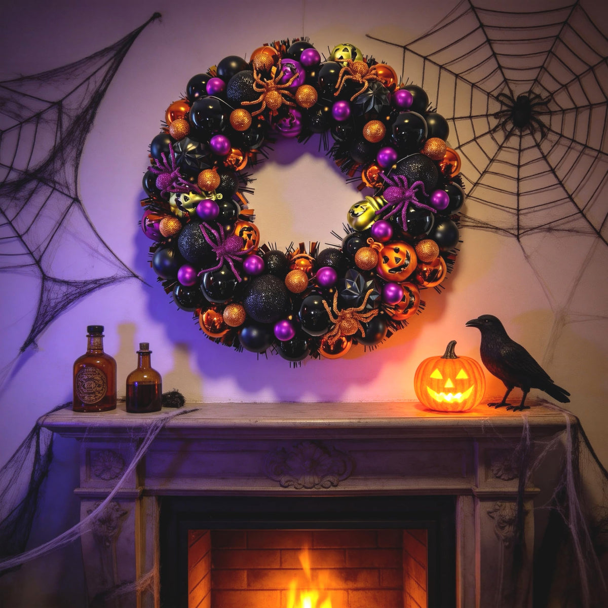 HipTree 17 Inch Halloween Ball Wreath for Front Door with Lights, Lighted Cute Treat-or-Trick Door Wreath Ball Ornament for Halloween Indoor Decorations Centerpiece Party Holiday Wall Home Decor