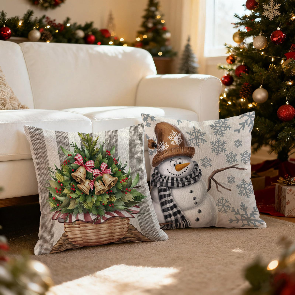 HDVUHKI Christmas Pillow Covers 16x16 inch Set of 4, Holiday Winter Outdoor Vintage Snowflake Xmas Snowman Neutral Farmhouse Seasonal Burlap Reindeer Decorations for Sofa Couch