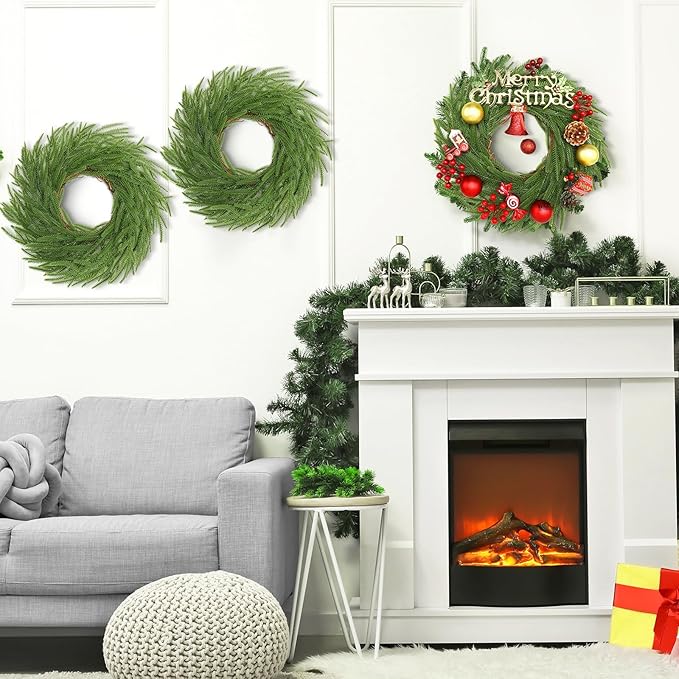 Zeyune Christmas DIY Green Wreath 14 Inch Artificial Christmas Wreaths Faux Plain Wreaths for Decorating Front Door Window Room Farmhouse Xmas Party Indoor Outdoor(Norfolk Pine,8 Pcs)