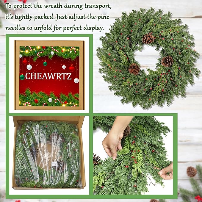 Real Touch Pine Christmas Wreath 24 Inch Christmas Wreaths for Front Door Winter Wreath Artificial Green Wreaths Outdoor Christmas Decorations Indoor Outside Window Home Holiday Thanksgiving