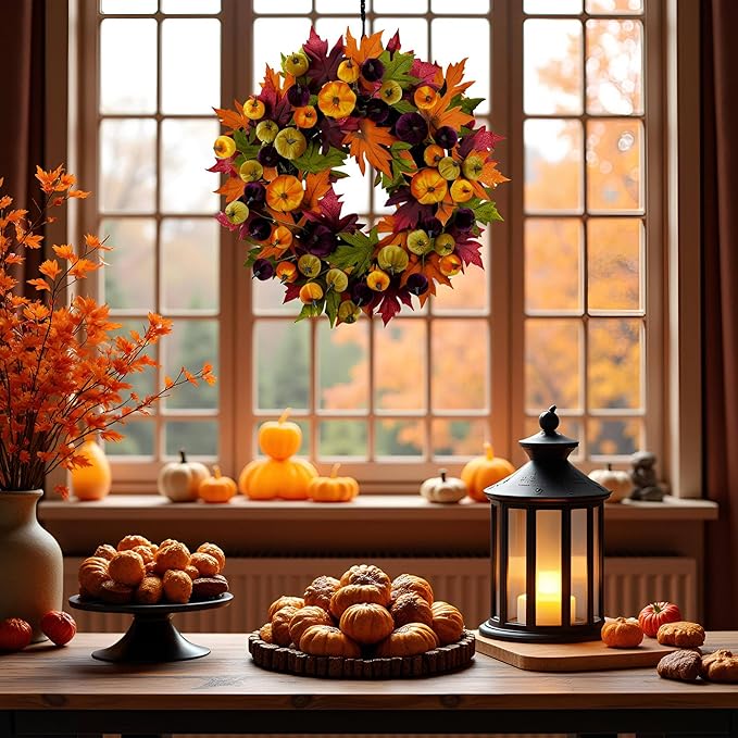 YULETIME 24" Fall Wreath, Artificial Autumn Wreath with Red, Orange, Green Maple Leaves and Orange, Purple, Green-Yellow Pumpkins (Pumpkin & Maple Leaf)