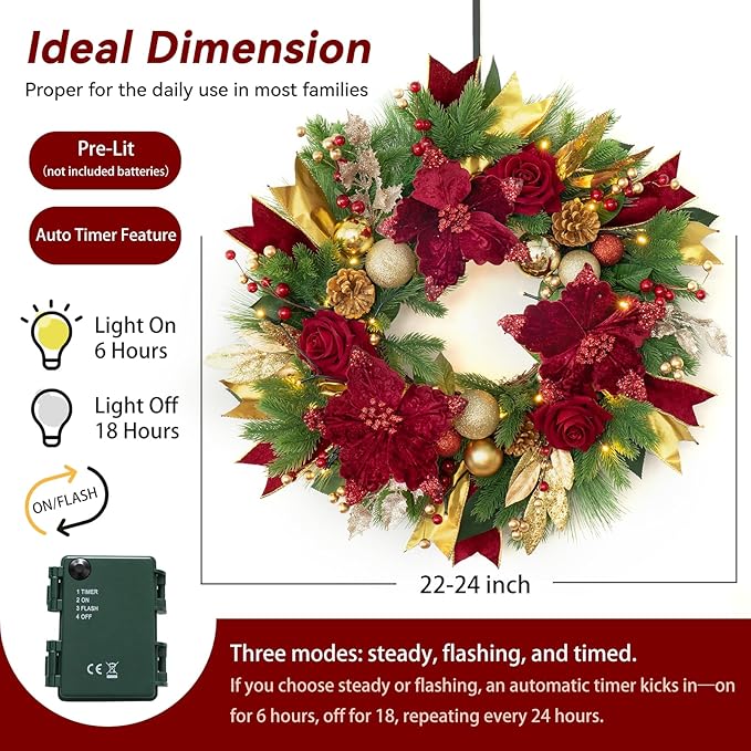 Christmas Wreaths for Front Door, Soomeir 24 Inch Outdoor Christmas Wreath with Lights, Large Prelit Wreath for Holiday Winter Window Outdoor Indoor Xmas