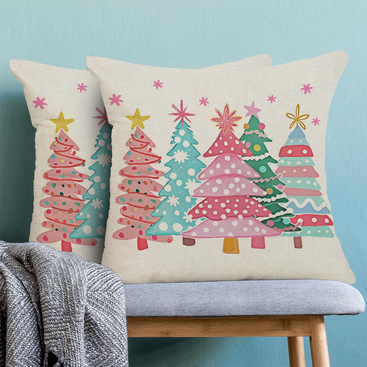 Pink Christmas Pillow Covers 18 x 18 Inch Set of 2 Colorful Christmas Tree Throw Pillows Outdoor Decorative Pink Blue Green Xmas Tree Winter Pillowcases Linen Cushion Cases for Home Bed Sofa Couch