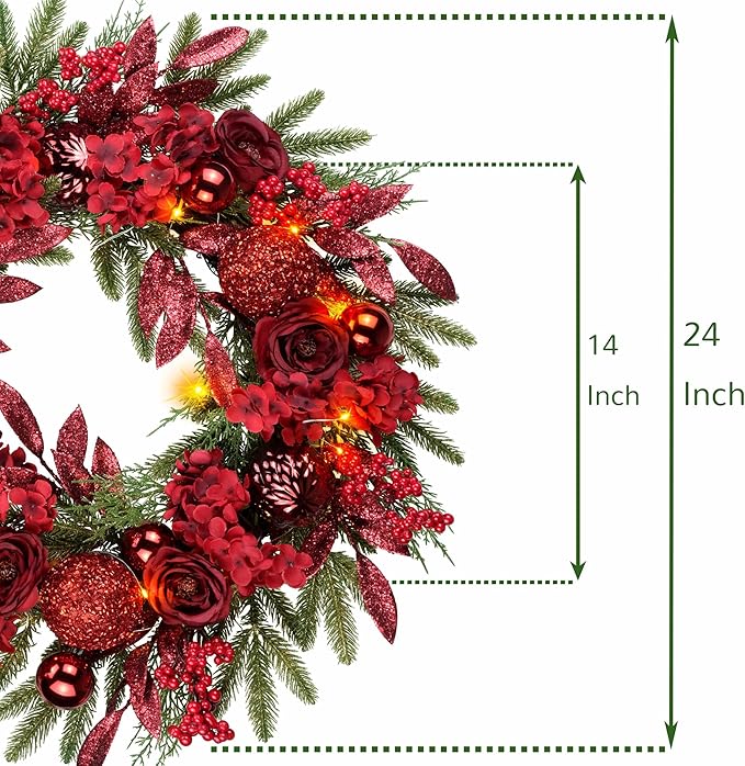 YULETIME 24" Christmas Wreath, Artificial Holiday Wreath with Baubles, Berries, Leaves, Spruce Branches, Snowy Pine Needles (Red Hydrangea)