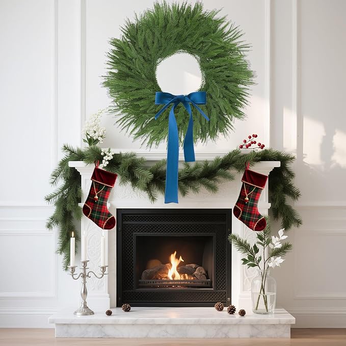 24" Norfolk Pine Wreath for Front Door, Real Touch Artificial Greenery Wreath Realistic Christmas Wreath for Wall,Fireplace,Windows,Indoor,Outdoor,Home,Holiday Decorations