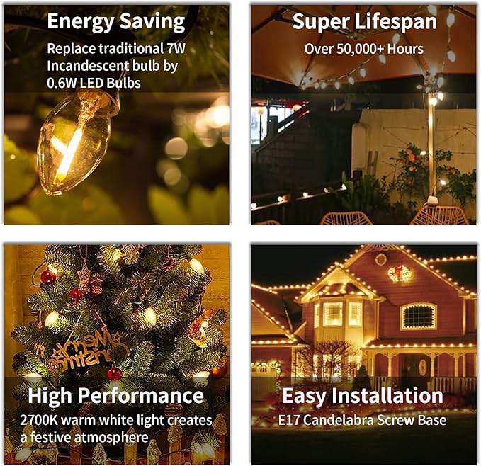 C9 LED Christmas Lights Outdoor 25FT, 25 Energy Efficient Warm White Vintage Bulbs, Connectable, Weatherproof for Roof, Xmas Tree, Porch, Yard, Patio, Holiday Decor - Green Wire