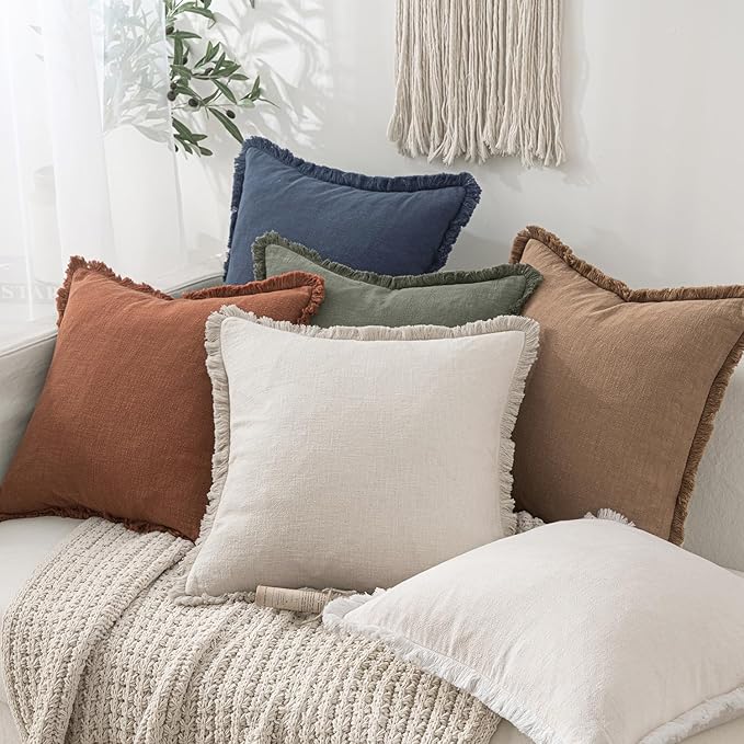MIULEE Christmas Decorative Throw Pillow Covers Neutral Linen Fringe Throw Pillows Euro Shams Set of 2 Natural Beige Boho Farmhouse Cushion Covers for Couch Sofa Bed Living Room Home Decor 22x22 Inch