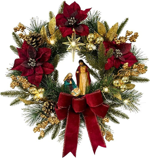 22 Inch Pre-Lit Artificial Christmas Wreath with Red Artificial Poinsettia Flowers Jesus Figurine Nativity Scene Glitter Ball Ornaments PineCones Golden Berries for Christmas Decor Front Door